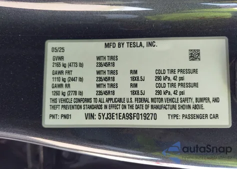 2025 Tesla Model 3 Long Range Rear-Wheel Drive/Standard from USA, damaged, VIN 5YJ3E1EA9SF019270